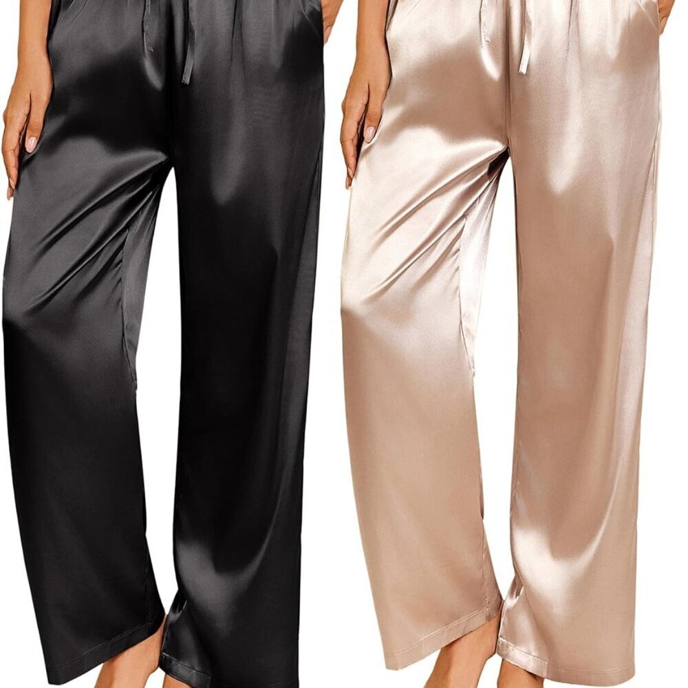 2 Pack Womens Satin Pajama Pants Silk Sleep Lounge Pants Loose Pj Bottom with Po